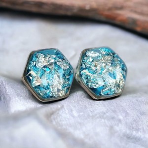 Cercei cu Foită din Argint în rășină albastră • BLUE HEXA • Oțel Inoxidabil