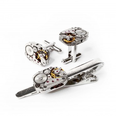 Set Ac de cravată și butoni de cămașă steampunk din mecanisme ceas cu rubine încrustate • GRANDI • 