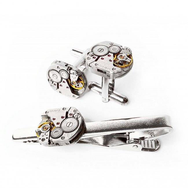 Set Ac de cravată și butoni de cămașă steampunk din mecanisme ceas cu rubine încrustate • PICCOLO • 