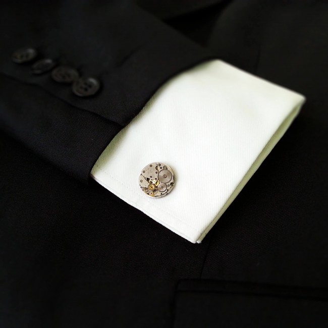 Set Ac de cravată și butoni de cămașă steampunk din mecanisme ceas cu rubine încrustate • CERCHIO • 