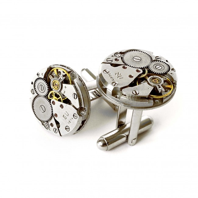 Set Ac de cravată și butoni de cămașă steampunk din mecanisme ceas cu rubine încrustate • CERCHIO • 