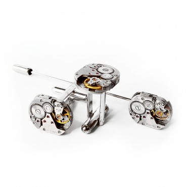 Set Ac de rever și butoni de cămașă steampunk din mecanisme ceas cu rubine încrustate • D • 
