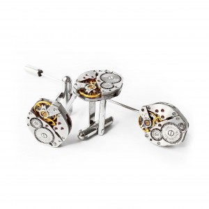 Set Ac de rever și butoni de cămașă steampunk din mecanisme ceas cu rubine încrustate • DIAMANT • 
