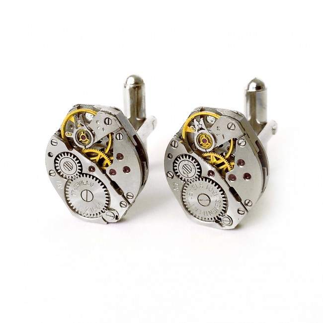 Set Ac de rever și butoni de cămașă steampunk din mecanisme ceas cu rubine încrustate • DIAMANT • 