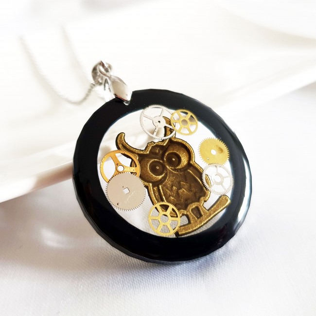 Pandantiv bufniță steampunk cu piese de ceas • BUFA • Oțel Inoxidabil