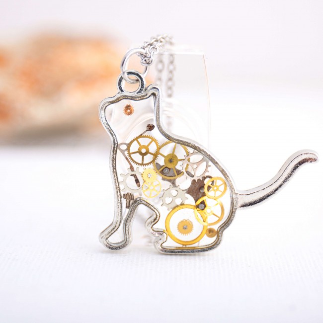 Pandantiv pisică steampunk cu piese de ceas • KITTY •  Oțel Inoxidabil