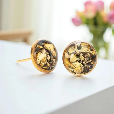 Cercei cu Foiță din Aur în rășină turcuaz • SERENITY STUD • Argint 925 placat Aur 18K