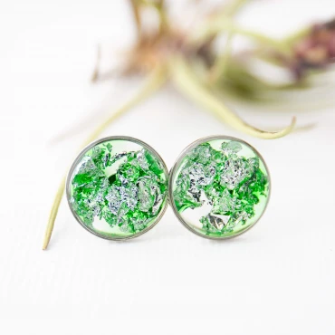 Cercei cu Foiță din Argint în rășină verde • GREEN STUD • Oțel Inoxidabil