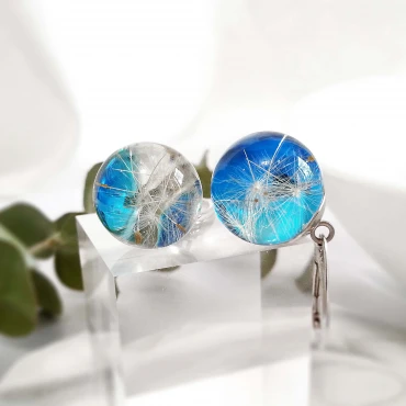 Cercei glob cu Puf de Păpădie în rășină • BLUE DANDELION • Argint 925 Rodiat