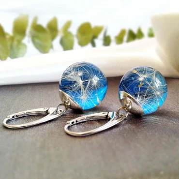 Cercei glob cu Puf de Păpădie în rășină • BLUE DANDELION • Argint 925 Rodiat
