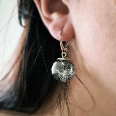 Cercei glob cu Puf de Păpădie în rășină • BLACK DANDELION • Argint 925 Rodiat
