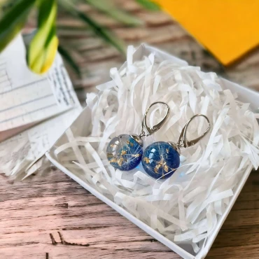 Cercei Puf de Păpădie si Foita de Aur în rășină • GOLD DANDELION • Argint 925 Rodiat