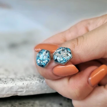 Cercei cu Foită din Argint în rășină albastră • BLUE HEXA • Oțel Inoxidabil