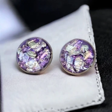 Cercei cu Foită din Argint în rășină mov • PURPLE STUD • Oțel Inoxidabil