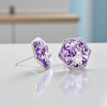 Cercei cu Foiță din Argint în rășină mov • PURPLE HEXA • Oțel Inoxidabil