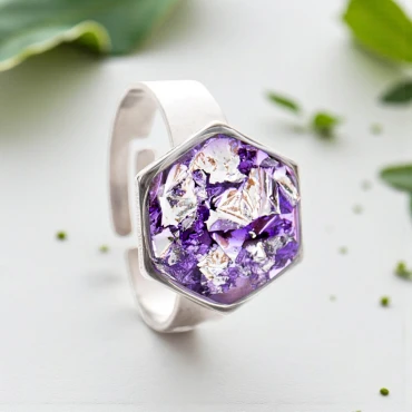 Inel ajustabil, Foită din Argint în rășină mov • PURPLE HEXA • Oțel Inoxidabil