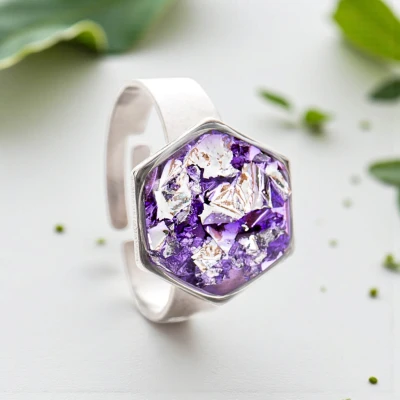 Inel ajustabil, Foită din Argint în rășină mov • PURPLE HEXA • Oțel Inoxidabil