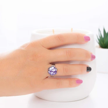 Inel ajustabil, Foită din Argint în rășină mov • PURPLE HEXA • Oțel Inoxidabil