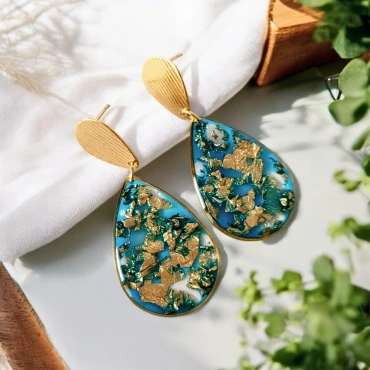 Cercei cu Foită Metalică din Aur în rășină • FLORENCE • Oțel Inoxidabil Aurit