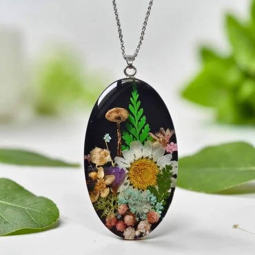 Pandantiv Unicat, Ciupercuta si Flori Naturale • BETY •  Oțel Inoxidabil