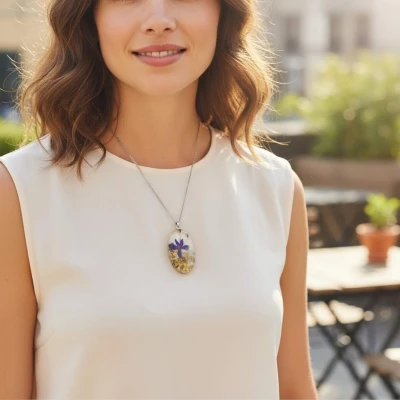 Pandantiv Unicat, Floare de Nemțișor si Hortensie • CATY •  Oțel Inoxidabil