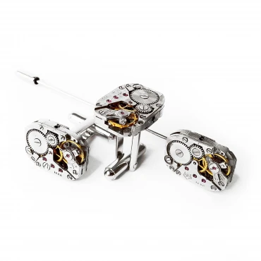 Set Ac de rever și butoni de cămașă steampunk din mecanisme ceas cu rubine încrustate • GRANDI • 
