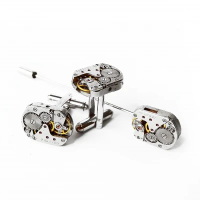 Set Ac de rever și butoni de cămașă steampunk din mecanisme ceas cu rubine încrustate • MEDIO • 