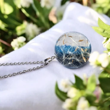 Pandantiv semi-sferă 30mm cu Păpădie în rășină • HALF BLUE XL • Oțel Inoxidabil