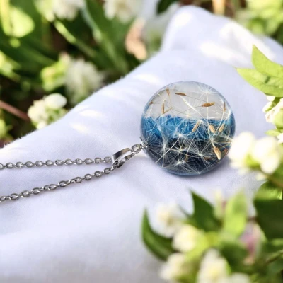 Pandantiv semi-sferă 30mm cu Păpădie în rășină • HALF BLUE XL • Oțel Inoxidabil
