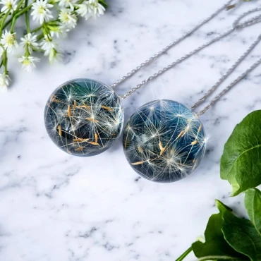 Pandantiv semi-sferă 30mm cu Păpădie în rășină • HALF BLUE XL • Oțel Inoxidabil