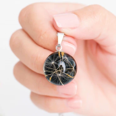 Pandantiv semi-sferă 20mm cu Păpădie • HALF BLACK • Oțel Inoxidabil