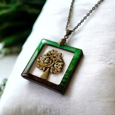 Pandantiv copac steampunk din lemn și piese de ceas • PINE • Oțel Inoxidabil