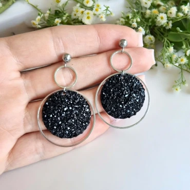 Cercei cu șurub, Geode glitter • NEGRU XL • Oțel Inoxidabil