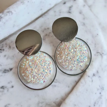 Cercei cu șurub, Geode glitter • CREAM WHITE XL • Oțel Inoxidabil