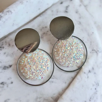 Cercei cu șurub, Geode glitter • CREAM WHITE XL • Oțel Inoxidabil