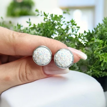 Cercei cu surub, mini Geode glitter • WHITE FRAME • Oțel Inoxidabil