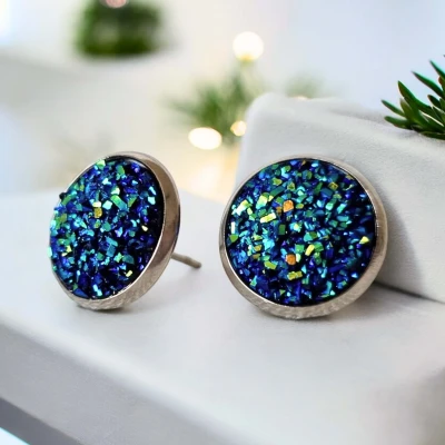 Cercei cu surub, mini Geode glitter • NIGHT FRAME • Oțel Inoxidabil