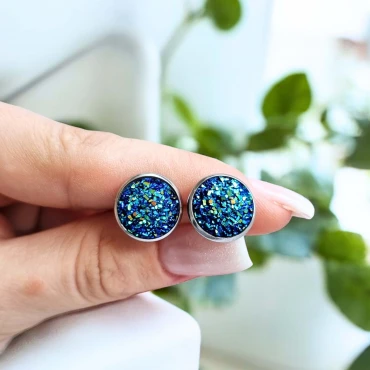 Cercei cu surub, mini Geode glitter • NIGHT FRAME • Oțel Inoxidabil