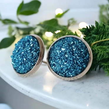 Cercei cu surub, mini Geode glitter • SKY BLUE FRAME • Oțel Inoxidabil