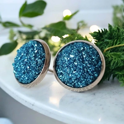 Cercei cu surub, mini Geode glitter • SKY BLUE FRAME • Oțel Inoxidabil