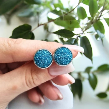 Cercei cu surub, mini Geode glitter • SKY BLUE FRAME • Oțel Inoxidabil