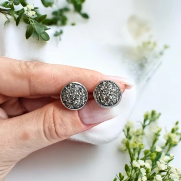 Cercei cu surub, mini Geode glitter • GRAY FRAME • Oțel Inoxidabil