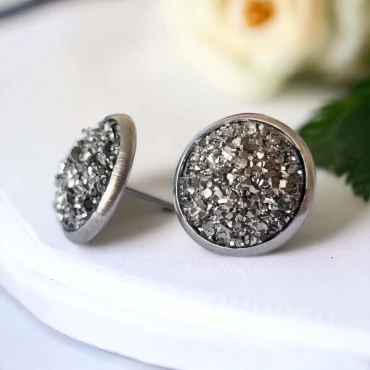 Cercei cu surub, mini Geode glitter • GRAY FRAME • Oțel Inoxidabil