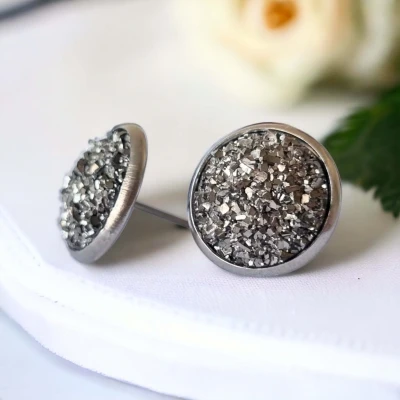 Cercei cu surub, mini Geode glitter • GRAY FRAME • Oțel Inoxidabil