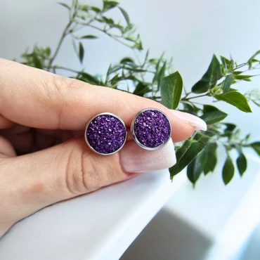 Cercei cu surub, mini Geode glitter • PURPLE FRAME • Oțel Inoxidabil