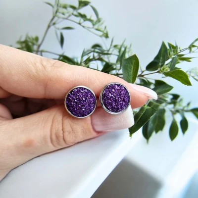Cercei cu surub, mini Geode glitter • PURPLE FRAME • Oțel Inoxidabil