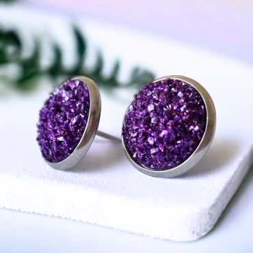Cercei cu surub, mini Geode glitter • PURPLE FRAME • Oțel Inoxidabil