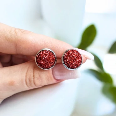 Cercei cu surub, mini Geode glitter • RED FRAME • Oțel Inoxidabil