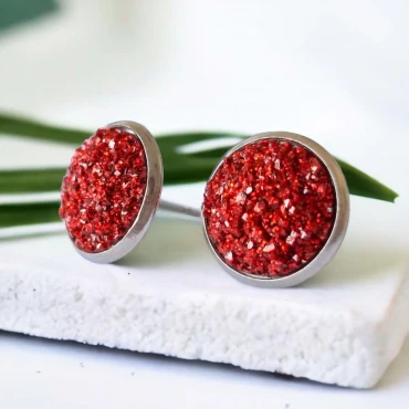 Cercei cu surub, mini Geode glitter • RED FRAME • Oțel Inoxidabil