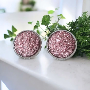 Cercei cu surub, mini Geode glitter • PINK FRAME • Oțel Inoxidabil